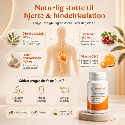 VascoPure – ingredienser og anvendelse: olivenbladekstrakt, hagtorn, hvidløgsekstrakt, vitamin C og B1 — 2 kapsler om dagen